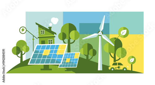 A sustainable village with solar panels, wind turbine, and eco-friendly car on a green hill