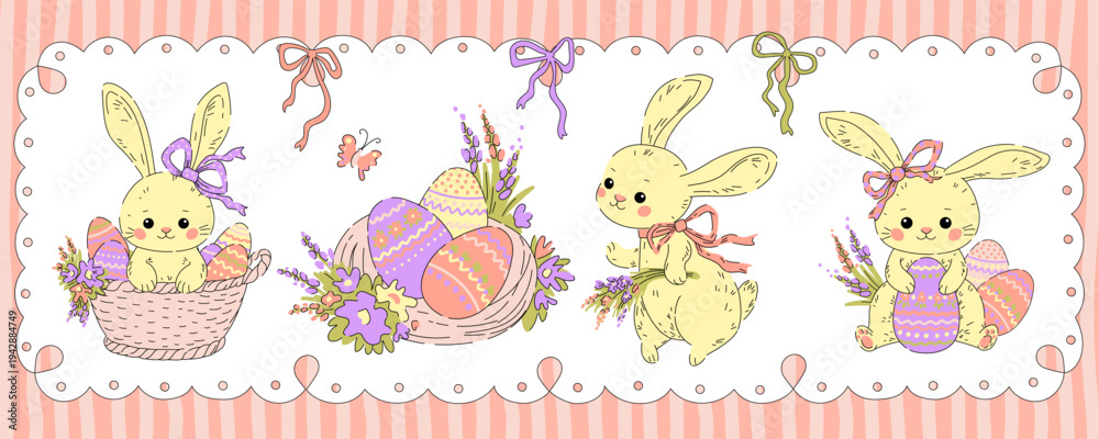 Naklejka premium Easter horizontal banner with painted eggs, nest, rabbits, flowers and bows. Cute design with lace frame and striped background in pastel colors. spring greeting card, invitation in retro style.