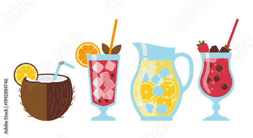 Illustration of refreshing summer drinks and a pitcher on a table