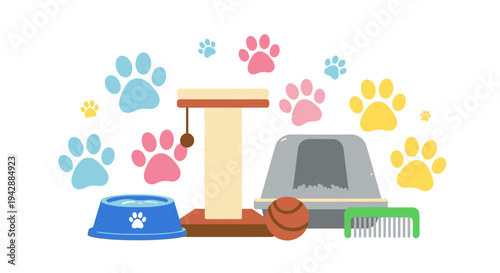 A colorful illustration of pet accessories and toys for a happy cat at home indoors