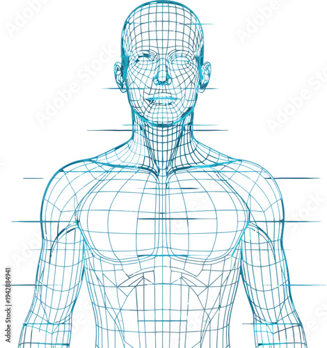 Futuristic digital human body wireframe model illustrating advanced biometric data and artificial intelligence concepts, perfect for technology, health, and scientific innovation presentations.