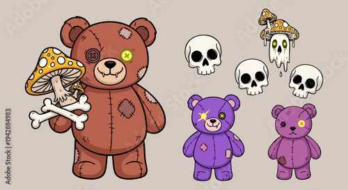 Creepy Cute Voodoo Teddy Bear Vector Illustration Set with Skulls, Bones, and Psychedelic Mushrooms for Halloween or Spooky Designs