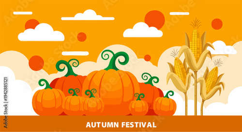 Autumn Festival Vector Illustration with Orange Pumpkins, Corn Stalks, and White Clouds on a Vibrant Orange Background, Ideal for Harvest Season Celebrations and Thanksgiving Designs