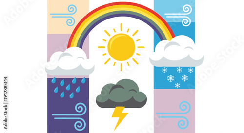 Vibrant rainbow appears in clear sky with various weather conditions