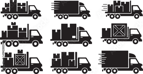 Black truck icons with various cargo loads on white