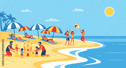 People enjoy a sunny day at the beach with palm trees and colorful umbrellas