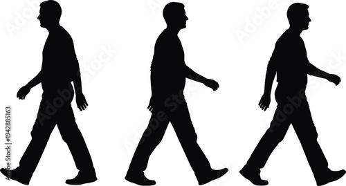 Walking man silhouette set showing side view male walking poses isolated on white background human movement sequence vector illustration