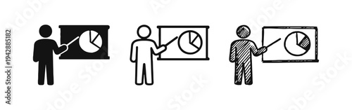 Person giving a presentation with a pie chart icon set for meetings and educational content