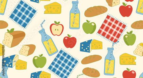 A colorful picnic scene with apples, cheese, bread, bottles, and checkered cloths spread out on a table outdoors.