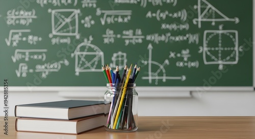 Classroom background with books, colored pencils, and mathematical equations on chalkboard, education concept