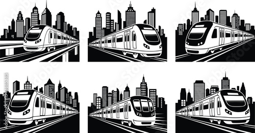 Urban metro train skyline silhouette set modern subway railway transportation cityscape icons collection isolated black and white vector illustration