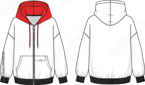 Men zip hoodie sweatshirt with red hood technical flat sketch front and back views casual streetwear apparel clothing design vector