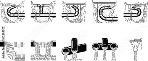 Underground sewer pipe system and drainage pipeline icons set showing wastewater flow, plumbing infrastructure, sewage discharge, and urban sanitation engineering illustrations