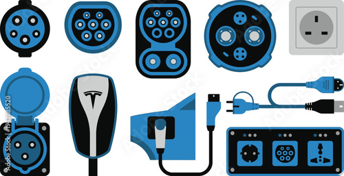 Distinct electric vehicle connector type plug icons with Type 1 Type 2 CCS CHAdeMO in blue black grey for technical standard branding design
