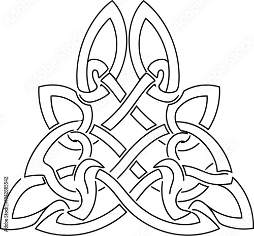 Simple black and white outline drawing of an intricate Celtic knot design featuring intertwined triangular and looping patterns centered against a plain background.