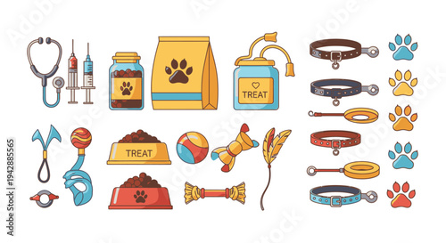 A collection of dog accessories and toys are neatly arranged on a surface.