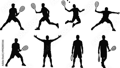 Tennis player silhouette set showing different action poses with racket serving jumping and hitting isolated on white background sport vector collection