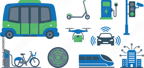 Minimalist smart city mobility elements with autonomous shuttle e scooter EV charging drone in electric blue eco green slate gray for urban technology branding design
