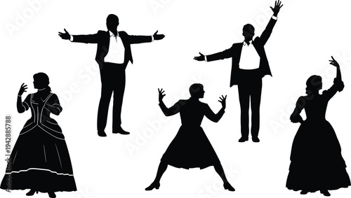 Opera singer and stage performer silhouettes set showing dramatic singing and acting poses isolated on white background classical theater vector illustration