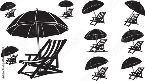Black beach chairs and umbrellas on white background illustration