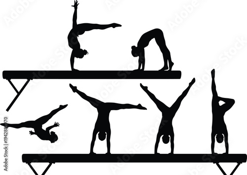 Gymnast silhouette set performing balance beam handstand flip and acrobatic poses isolated on white background artistic gymnastics sport vector illustration