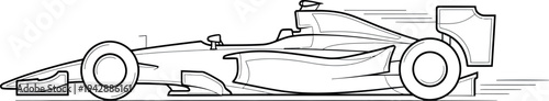 Black and white line art illustration depicts a sleek, fast moving formula race car speeding across a clean white background