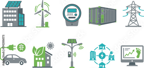 Smart energy grid illustrations with solar panel wind turbine meter battery in cyan leaf green industrial gray for sustainable power branding design