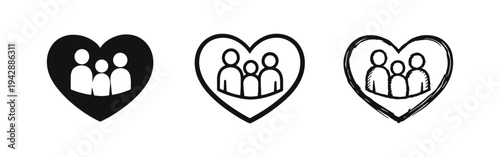 Family Love and Community Heart Icons Set in Solid, Outline, and Hand-Drawn Doodle Styles