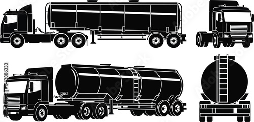 Tanker trucks with different tank designs and views illustrated in black and white