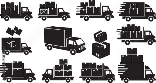 Black and white delivery trucks with boxes illustration set
