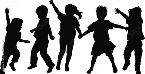Happy children silhouettes jumping and dancing together, playful kids group activity, childhood joy, energetic movement isolated illustration