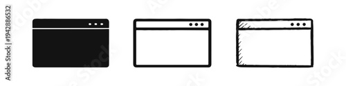 Browser window interface icons set. Web page or software application layout elements in solid, line, and doodle style.