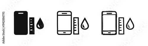Smartphone with ruler and droplet icon set. Mobile measurement, liquid volume, or hydration tracker concept.