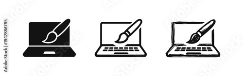 Laptop with paintbrush icon set. Digital art, graphic design, or creative software concept in solid, line, and doodle style.