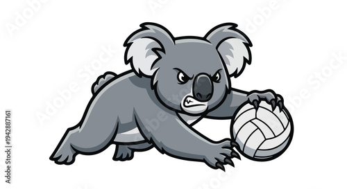 A determined cartoon koala in a dynamic pose holding a volleyball against a clean white background with a mix of gray and white tones.