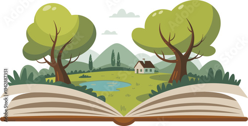 Open book with fantasy nature landscape, trees house mountains and lake illustration, storytelling concept vector artwork