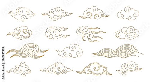Collection of 14 beige and gold ornamental cloud designs on a white background, with swirling patterns and curled ends.