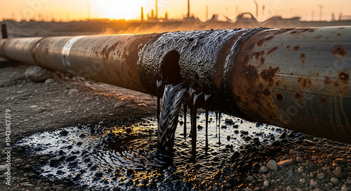 Crude oil leak from pipe, a stark reminder of environmental and industrial impact.