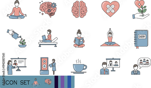 Print Flat Design Mental Health and Psychology Therapy Icon Set Featuring Mindfulness Meditation Professional Counseling and Emotional Self Care Activities
