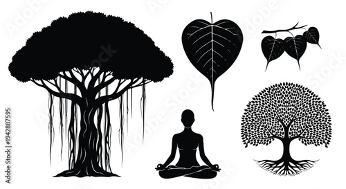 Black and white illustration set featuring a meditating person surrounded by tree silhouettes and a leaf on a plain background.
