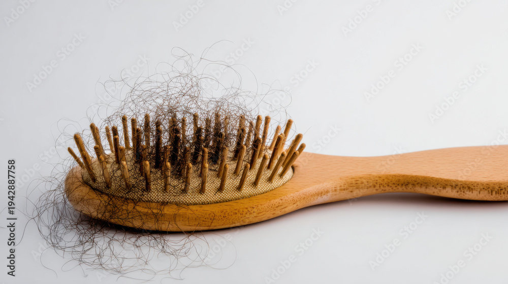 Obraz premium Wooden hairbrush filled with falling hair indicating hair loss