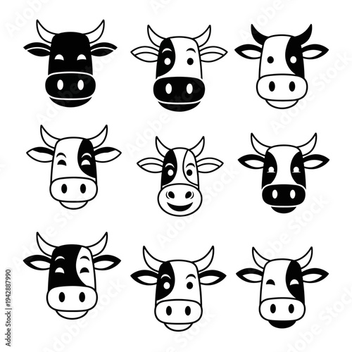 Head Cow mascot logo collection with simple rounded silhouette style for farm themed children branding.