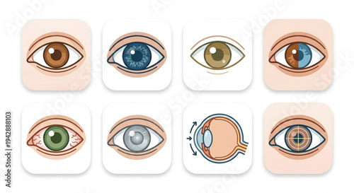 Human eye anatomy and various eye conditions set, eyeball structure and vision types vector illustration