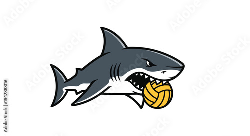 Cartoon shark holding a volleyball in its mouth against a white background with a playful mood.