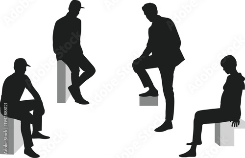 People sitting silhouettes on cubes, casual men and women poses, modern lifestyle characters isolated on white background