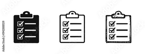 Clipboard with checklist icon set. To-do list task completion symbol. Solid, outline, and doodle style web graphics.