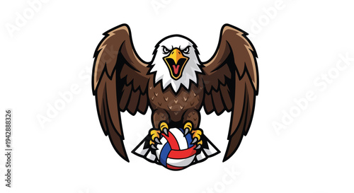 Illustration of a brown eagle with white head and yellow beak holding a red white and blue emblem on a white background.