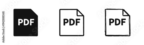 PDF file document icon set. Portable Document Format symbol. Solid, outline, and doodle style digital file type.