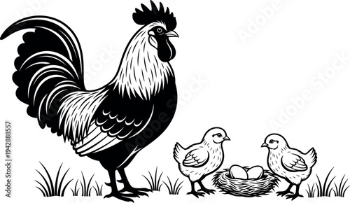 Black and white woodcut style rooster with two small chicks and a nest containing two eggs on a grassy field.