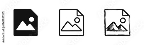 Image file document icon set. Photo graphic symbol. Solid, outline, and doodle style multimedia picture format.